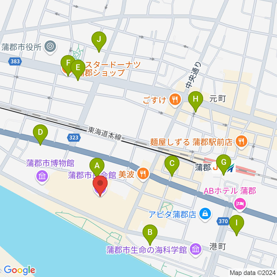 蒲郡市民会館周辺のカフェ一覧地図