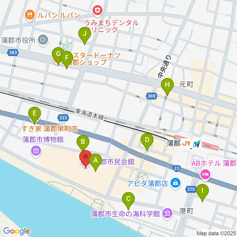 蒲郡市民会館周辺のカフェ一覧地図