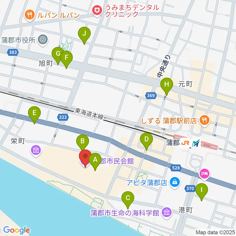 蒲郡市民会館周辺のカフェ一覧地図