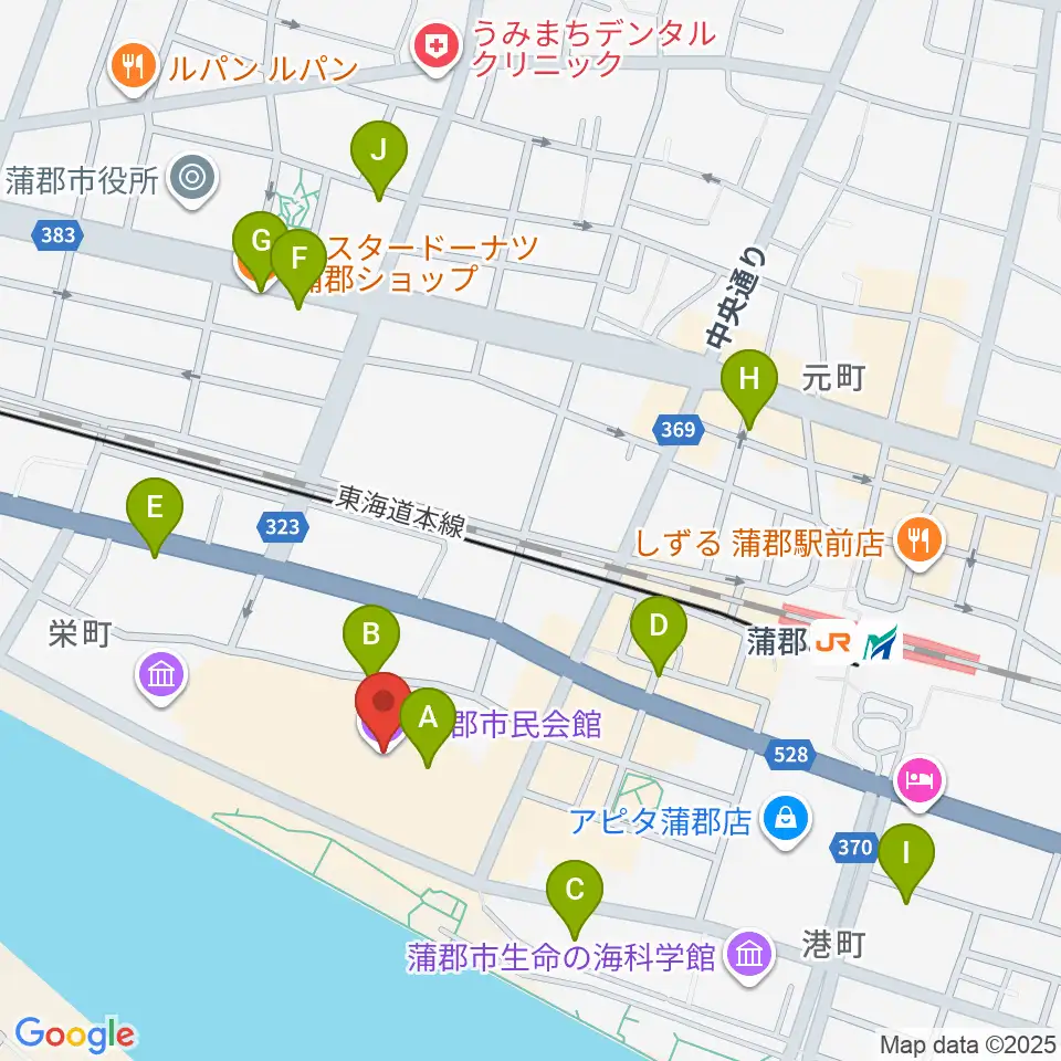 蒲郡市民会館周辺のカフェ一覧地図