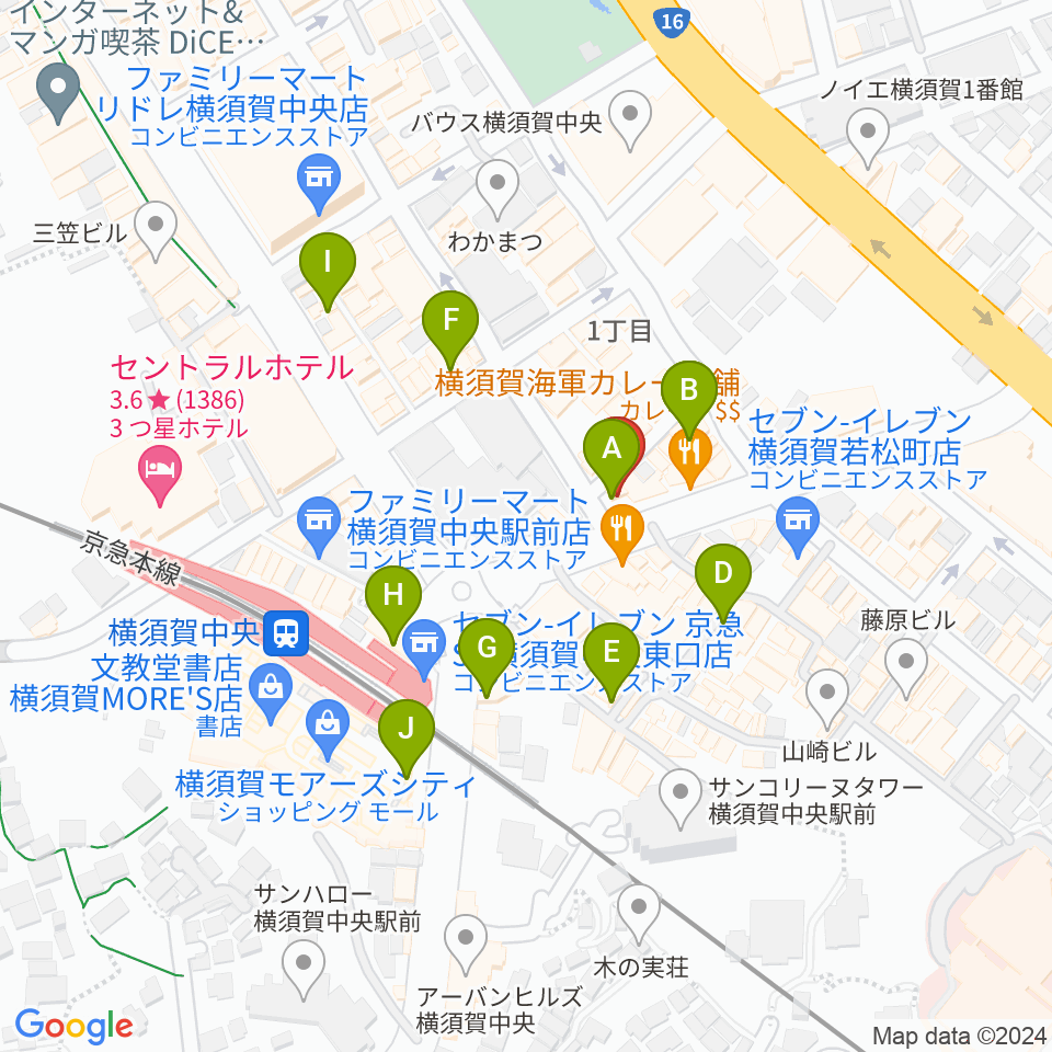 よこすかピアノスタジオ周辺のカフェ一覧地図