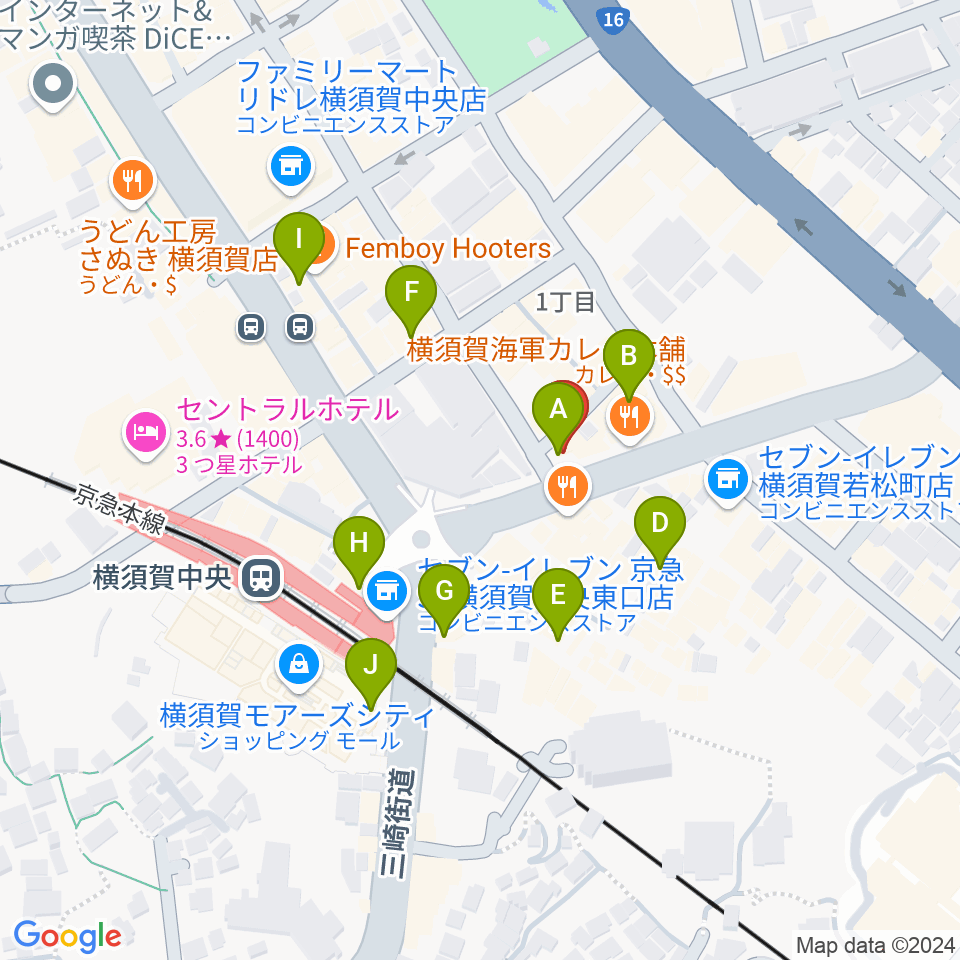 よこすかピアノスタジオ周辺のカフェ一覧地図