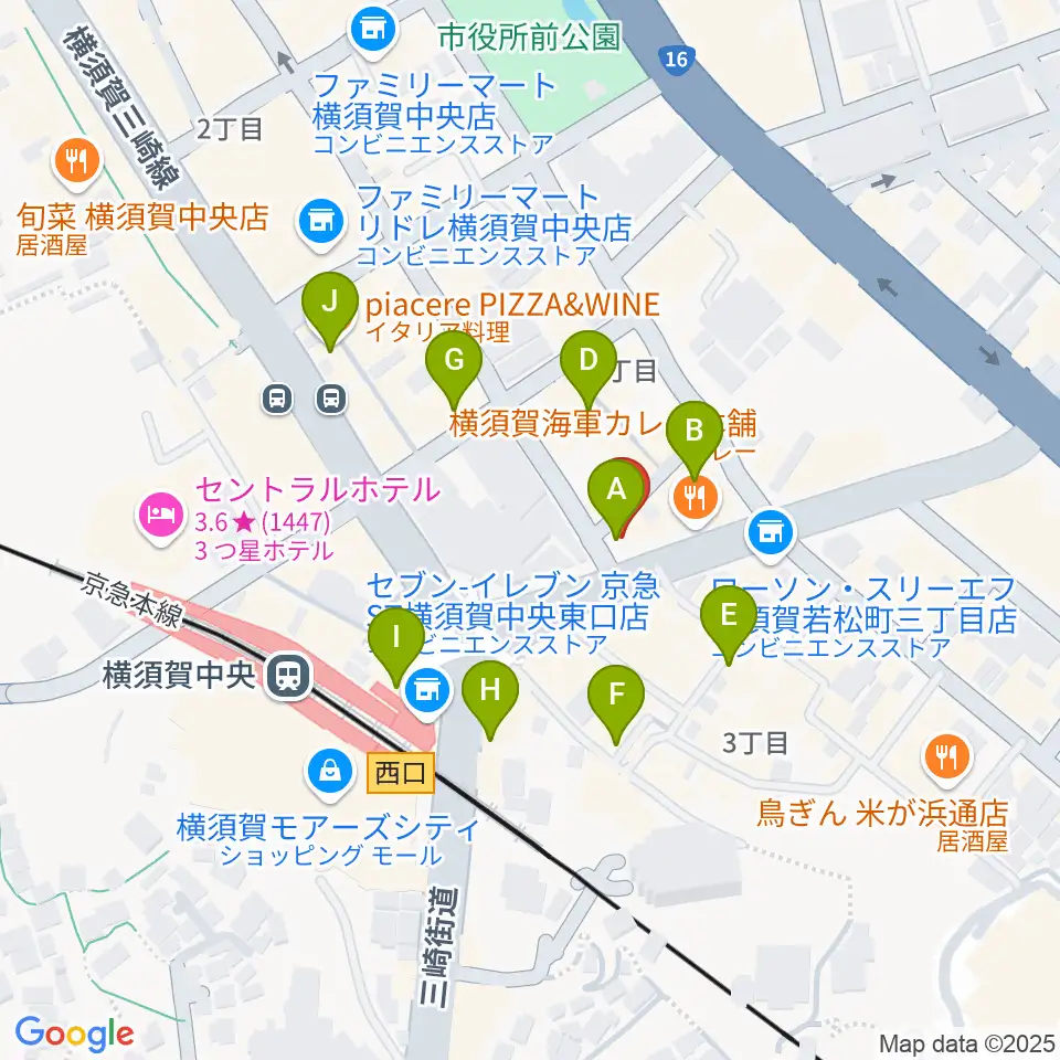 よこすかピアノスタジオ周辺のカフェ一覧地図