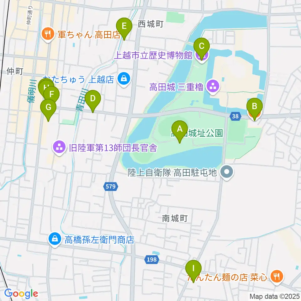 高田城址公園オーレンプラザ周辺のカフェ一覧地図