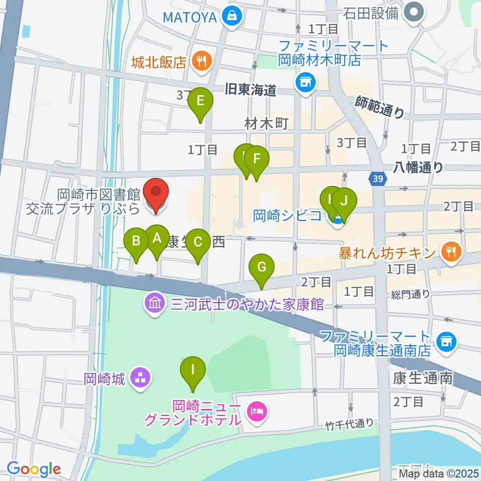 岡崎市図書館交流プラザ りぶら周辺のカフェ一覧地図