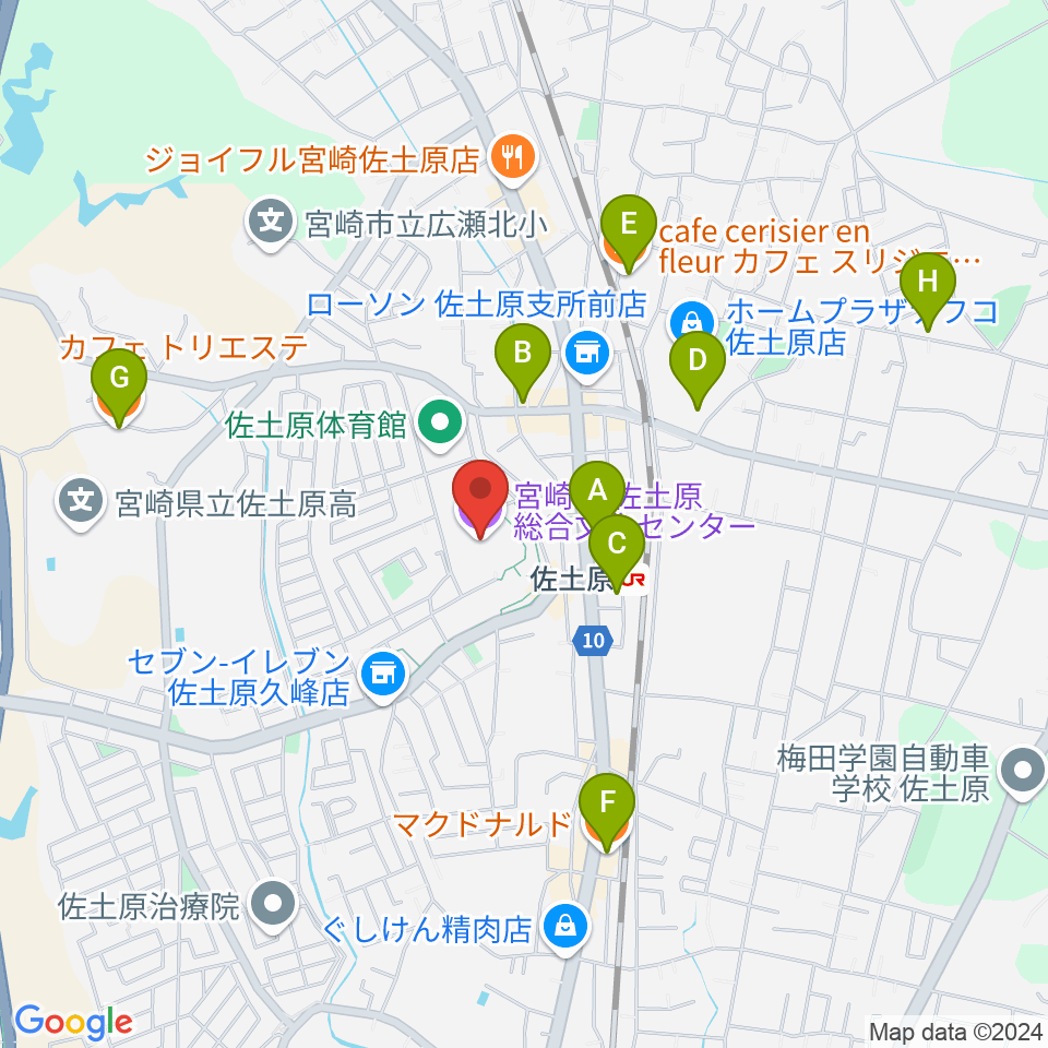 宮崎市佐土原総合文化センター周辺のカフェ一覧地図