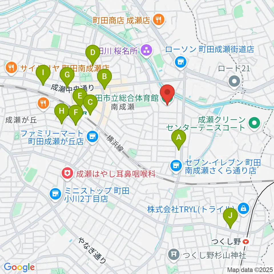 町田市立総合体育館周辺のカフェ一覧地図