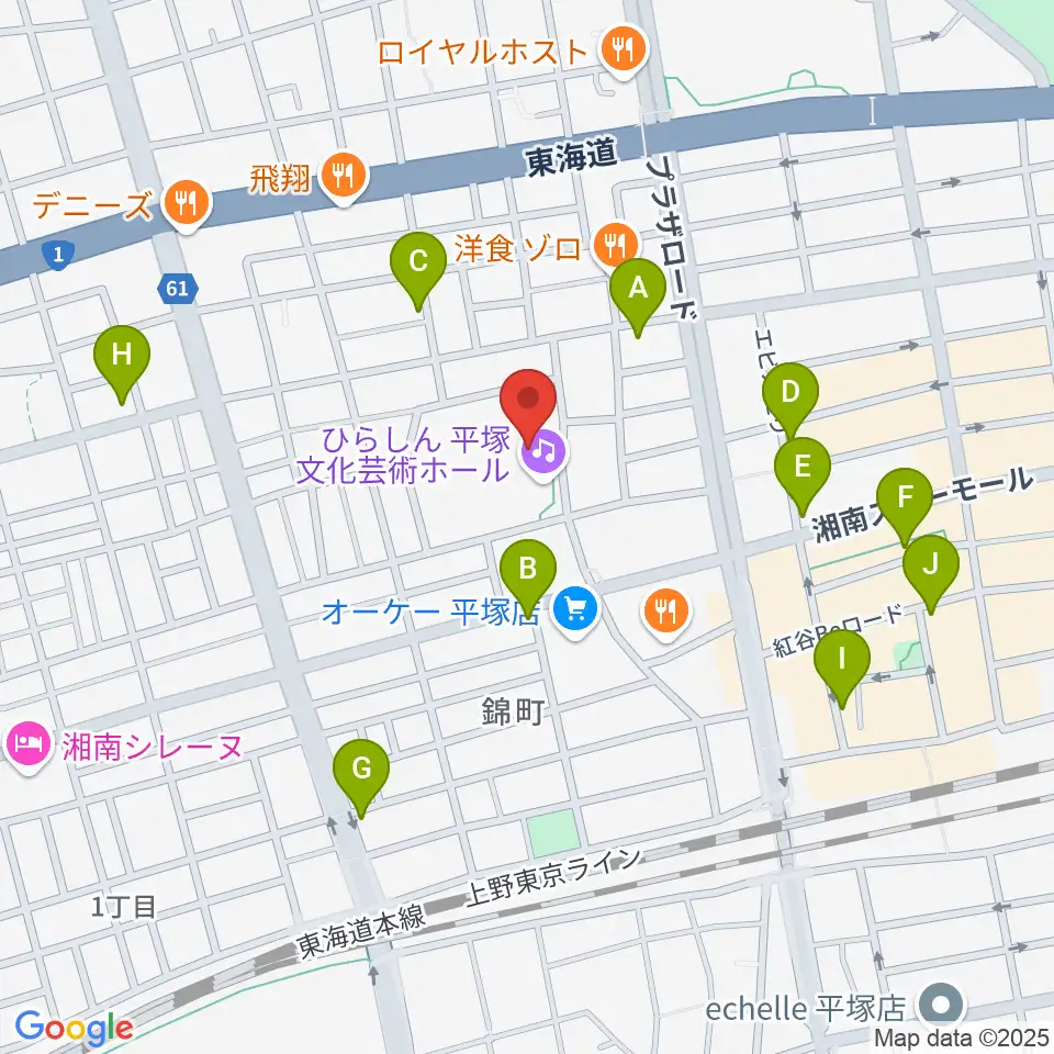 ひらしん平塚文化芸術ホール周辺のカフェ一覧地図