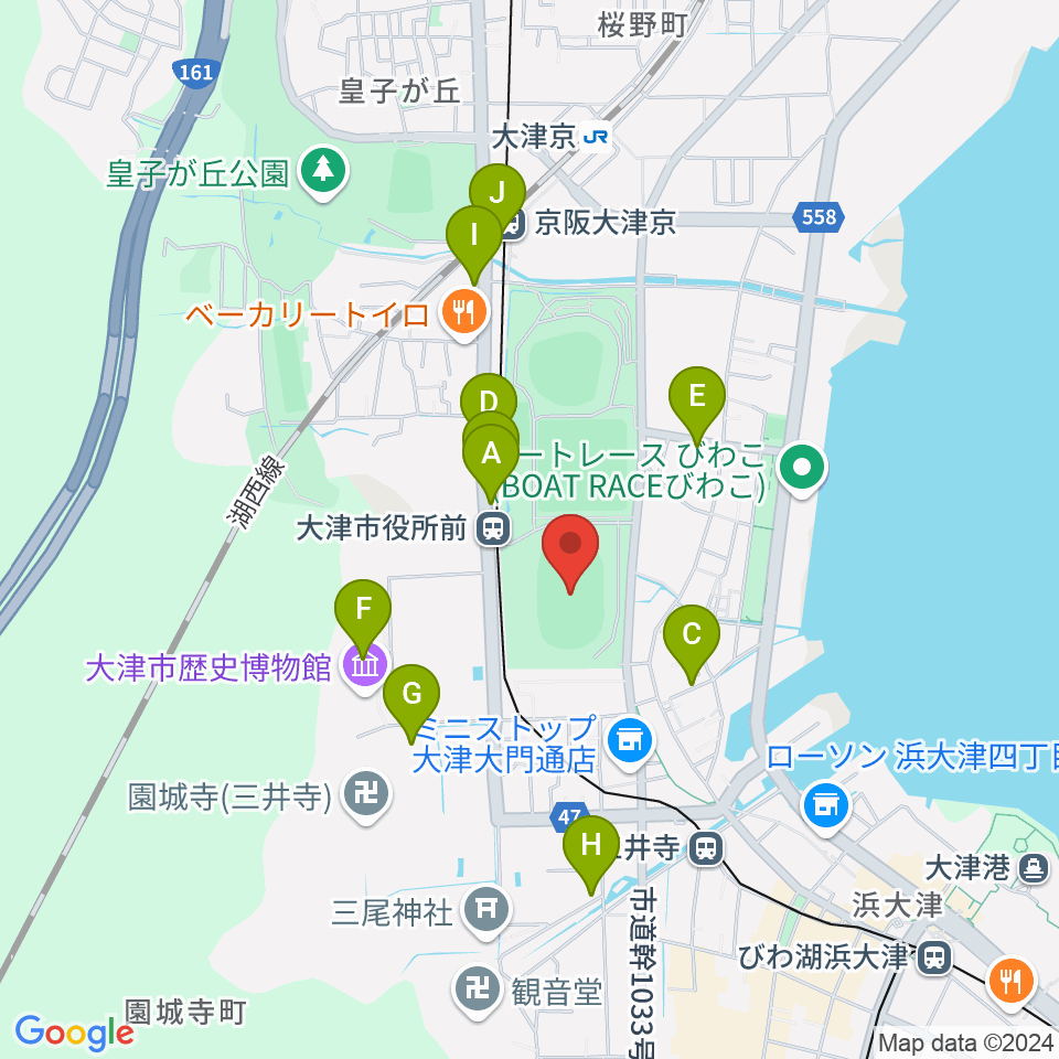 皇子山陸上競技場周辺のカフェ一覧地図