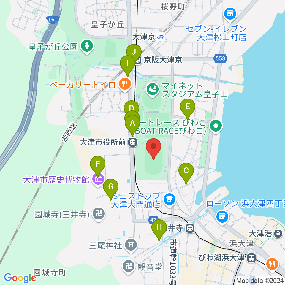 皇子山陸上競技場周辺のカフェ一覧地図