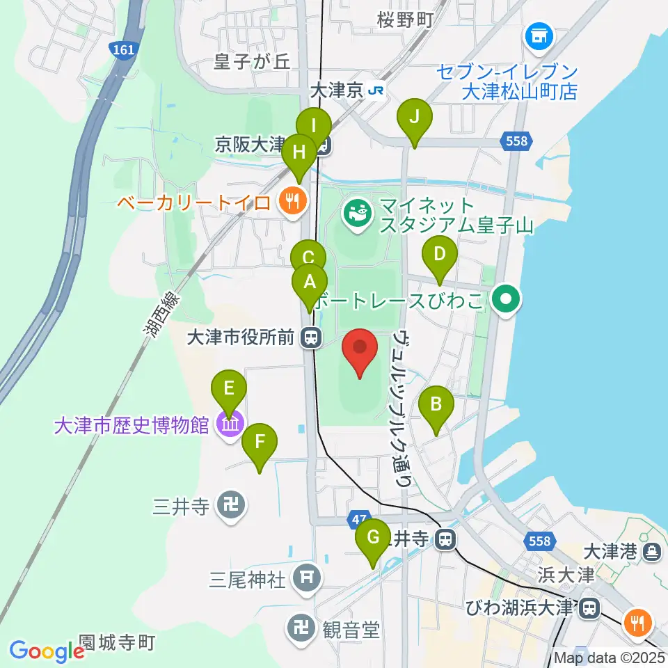 皇子山陸上競技場周辺のカフェ一覧地図