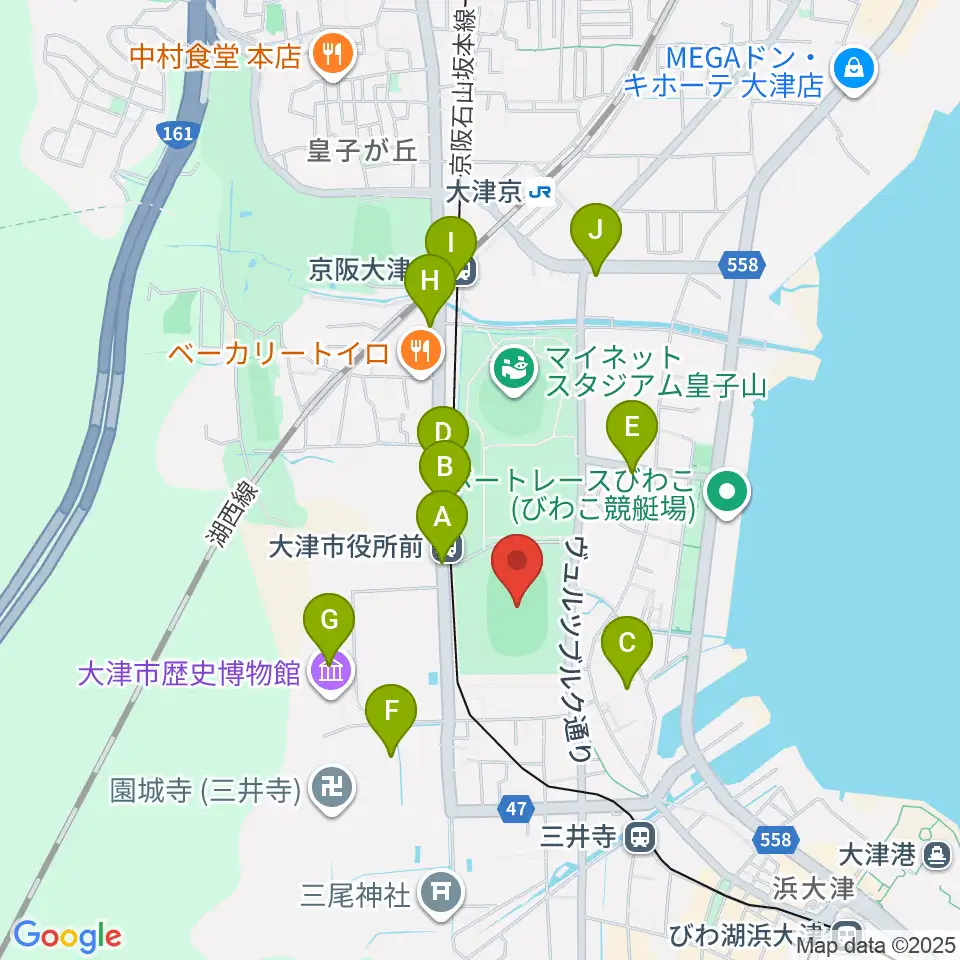 皇子山陸上競技場周辺のカフェ一覧地図