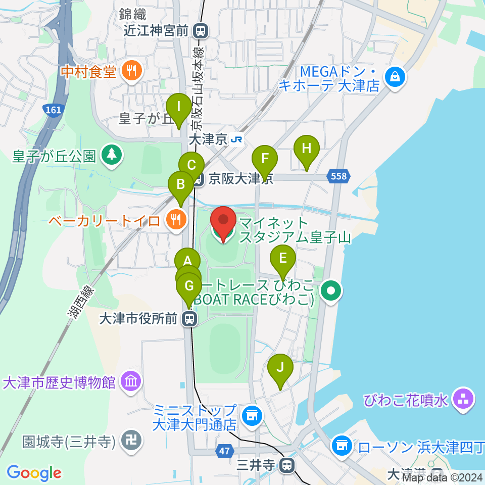 マイネットスタジアム皇子山周辺のカフェ一覧地図