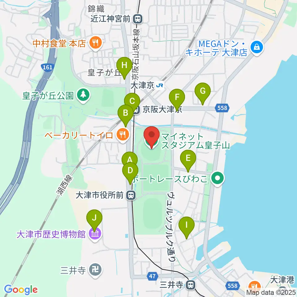 マイネットスタジアム皇子山周辺のカフェ一覧地図
