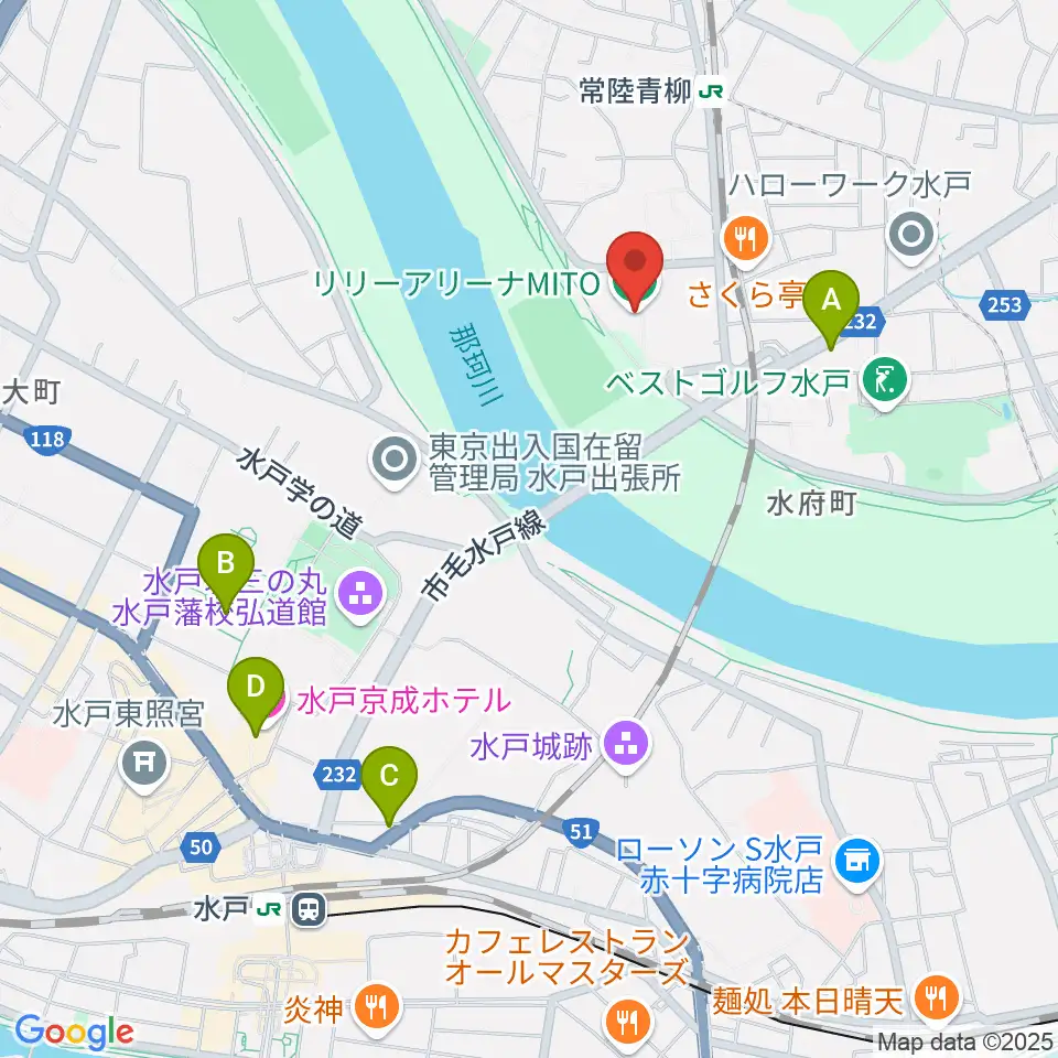 リリーアリーナMITO周辺のカフェ一覧地図