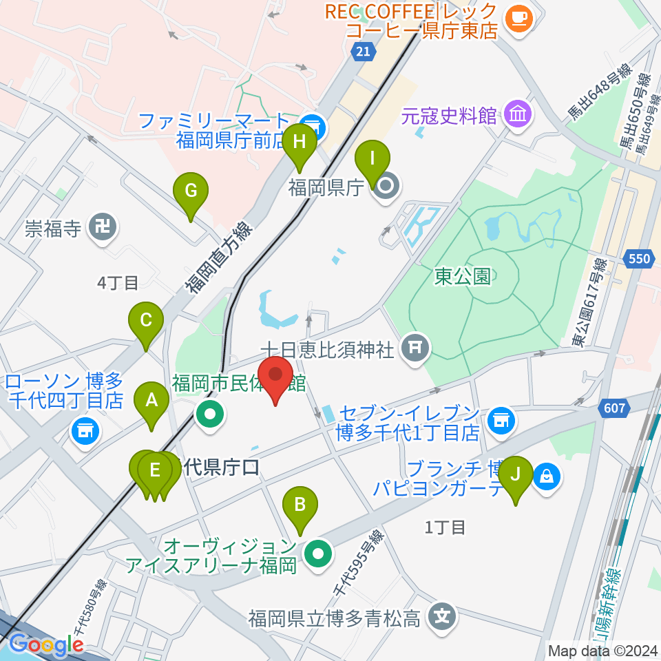 福岡市民体育館周辺のカフェ一覧地図