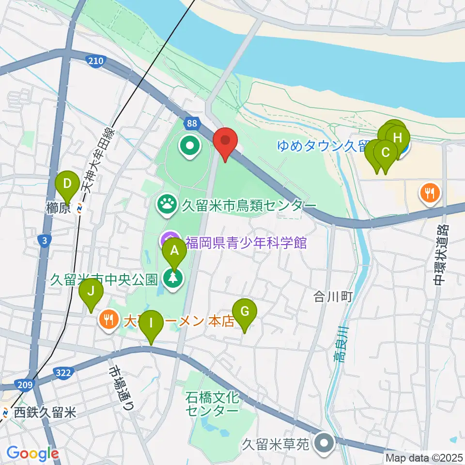 久留米アリーナ周辺のカフェ一覧地図