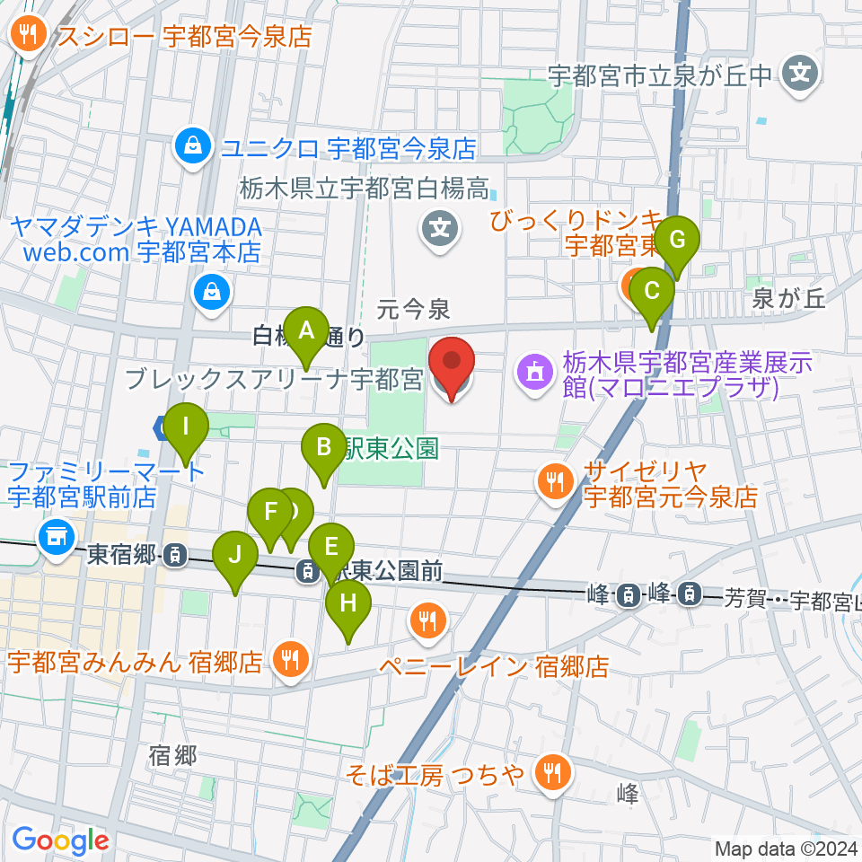 ブレックスアリーナ宇都宮周辺のカフェ一覧地図