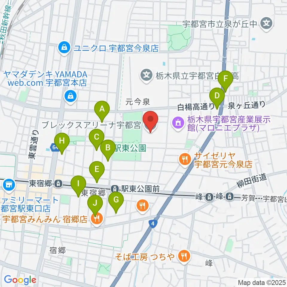 ブレックスアリーナ宇都宮周辺のカフェ一覧地図
