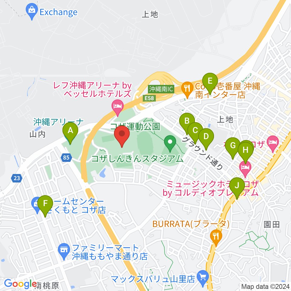 沖縄市体育館周辺のカフェ一覧地図