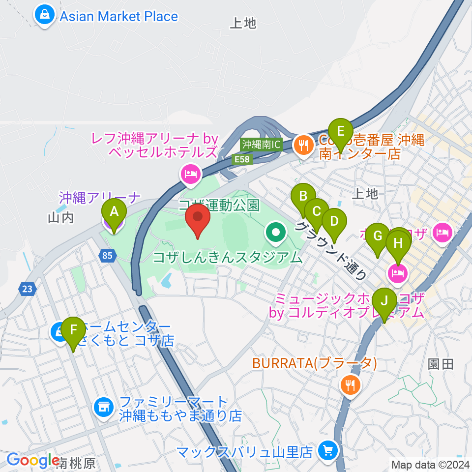 沖縄市体育館周辺のカフェ一覧地図