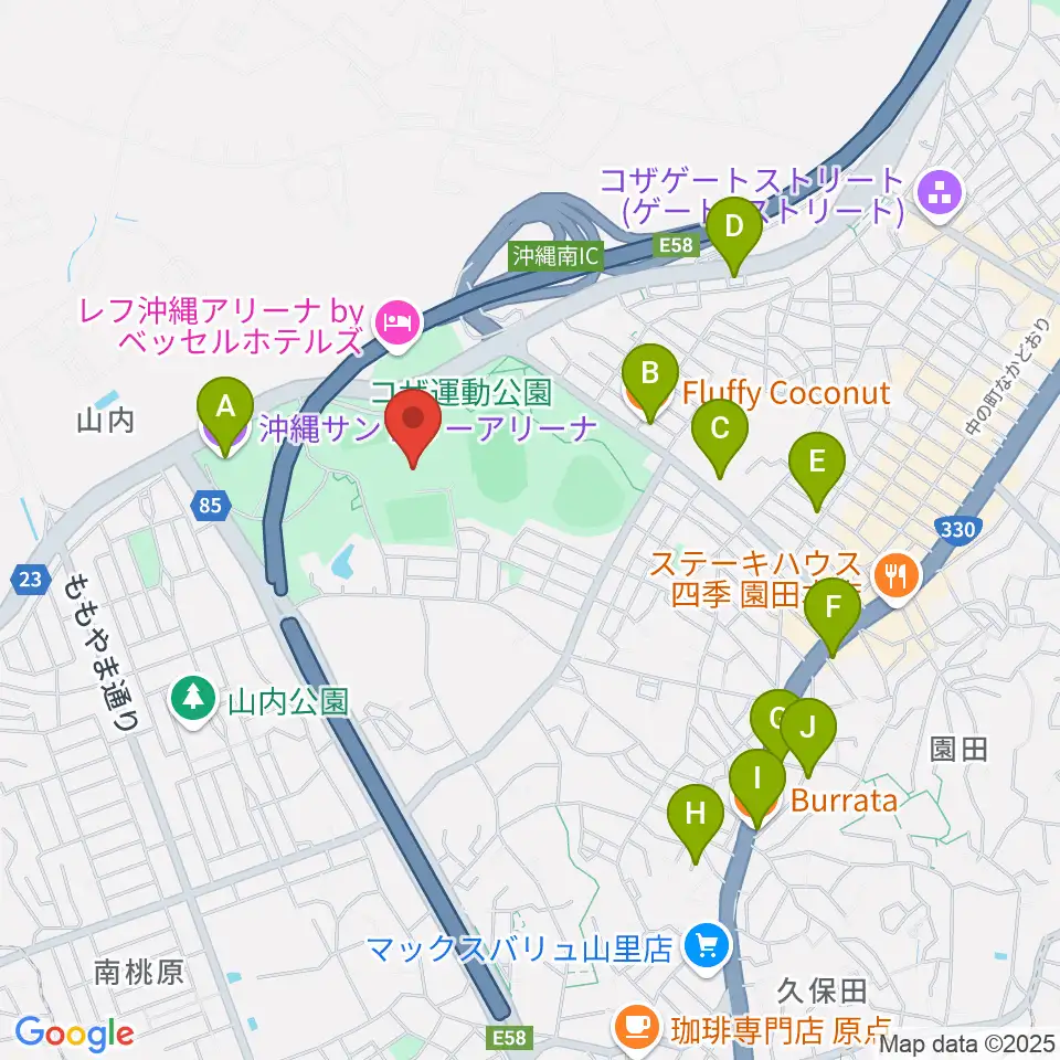 沖縄市体育館周辺のカフェ一覧地図