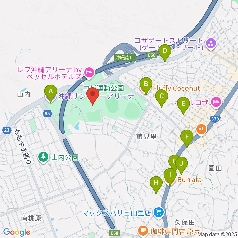沖縄市体育館周辺のカフェ一覧地図