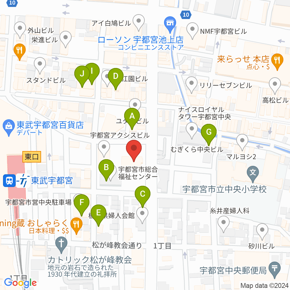 宇都宮市中央生涯学習センター周辺のカフェ一覧地図