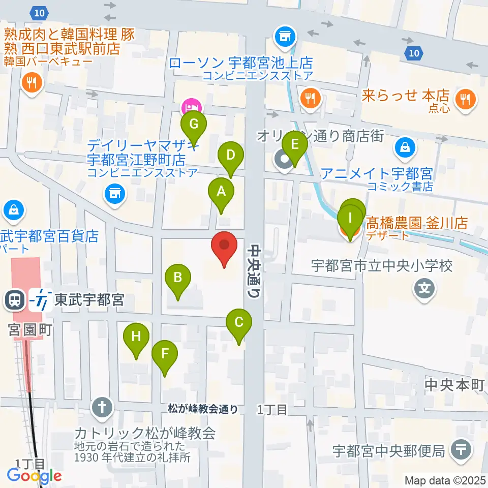 宇都宮市中央生涯学習センター周辺のカフェ一覧地図