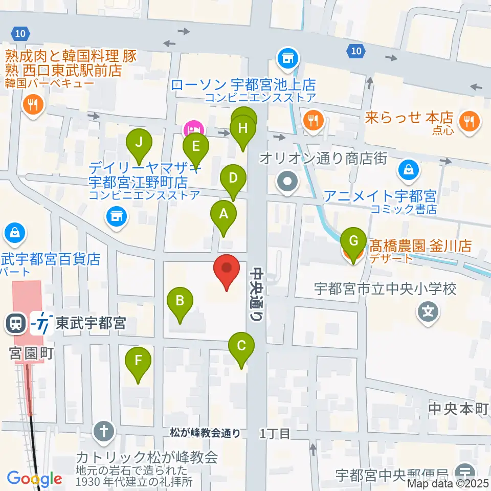 宇都宮市中央生涯学習センター周辺のカフェ一覧地図