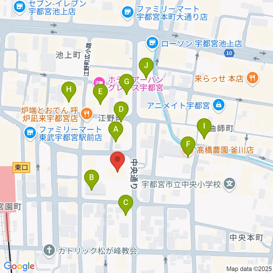 宇都宮市中央生涯学習センター周辺のカフェ一覧地図
