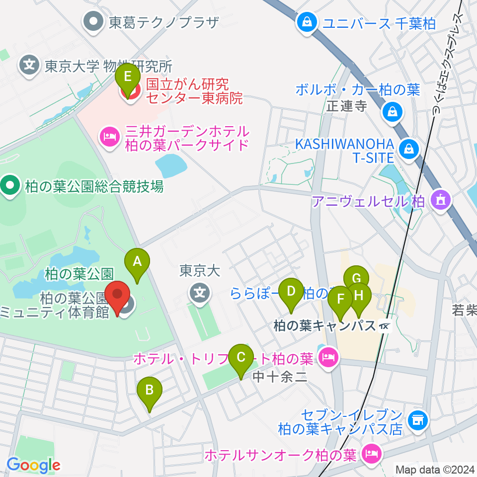 柏の葉公園コミュニティ体育館周辺のカフェ一覧地図