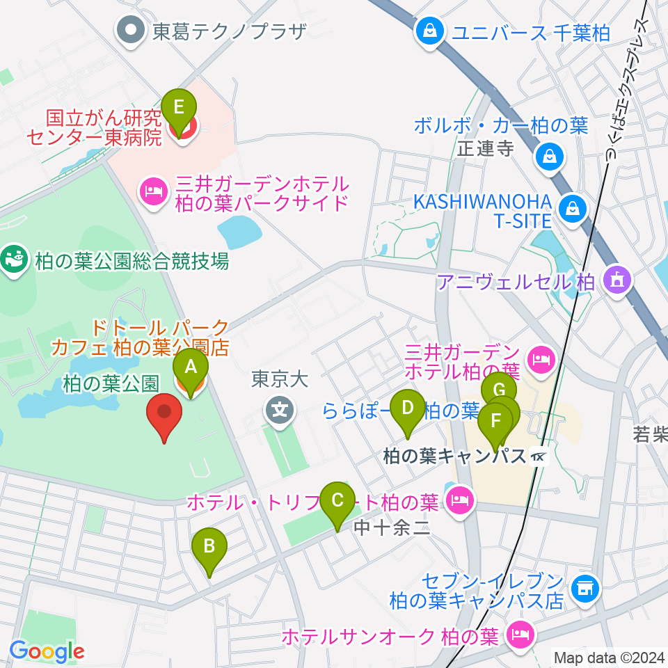 柏の葉公園コミュニティ体育館周辺のカフェ一覧地図