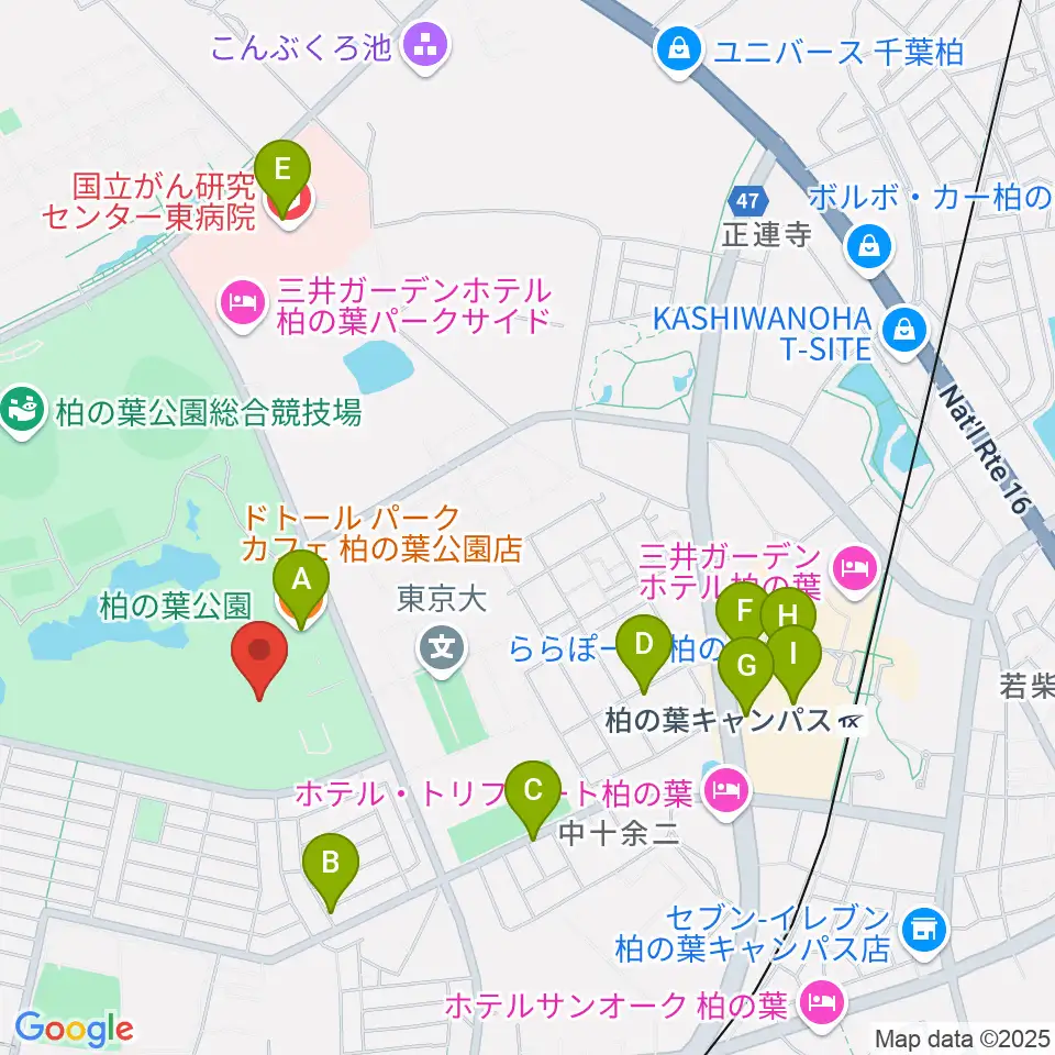 柏の葉公園コミュニティ体育館周辺のカフェ一覧地図