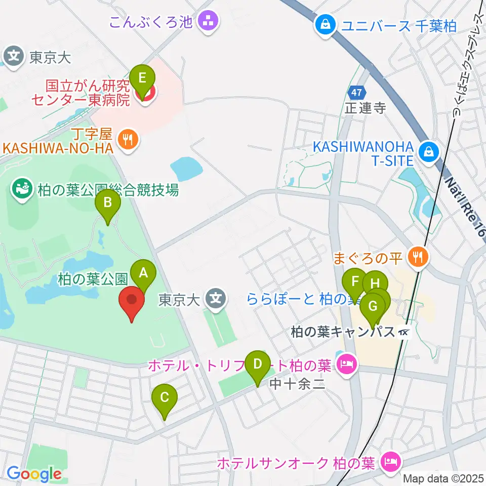 柏の葉公園コミュニティ体育館周辺のカフェ一覧地図