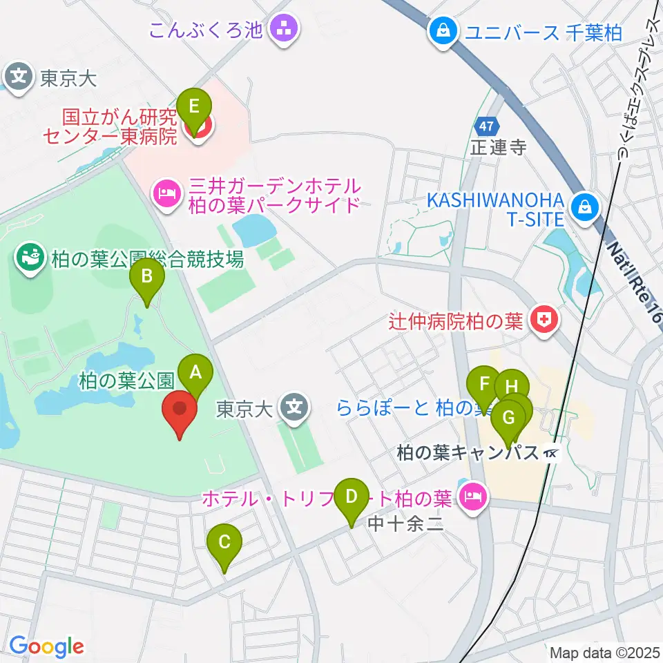 柏の葉公園コミュニティ体育館周辺のカフェ一覧地図