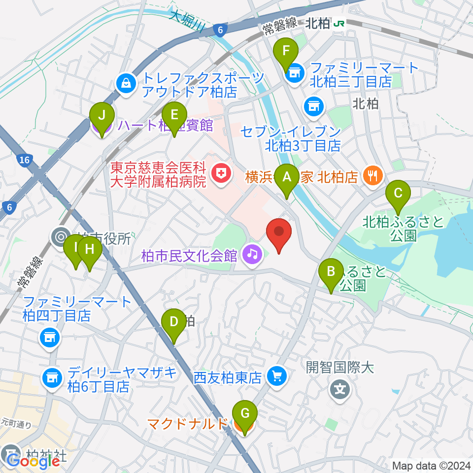 柏市中央体育館周辺のカフェ一覧地図