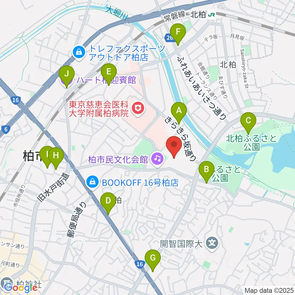 柏市中央体育館周辺のカフェ一覧地図