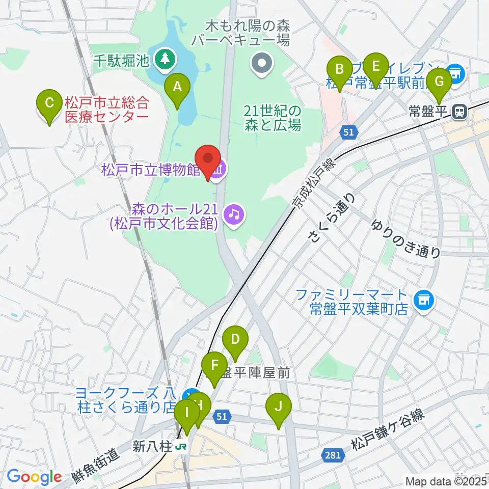 松戸市立博物館周辺のカフェ一覧地図