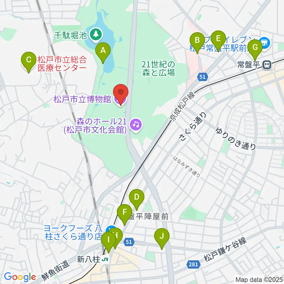 松戸市立博物館周辺のカフェ一覧地図