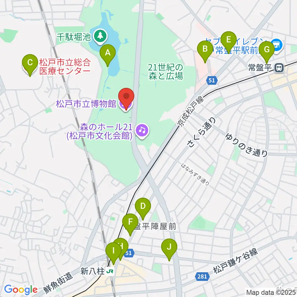 松戸市立博物館周辺のカフェ一覧地図