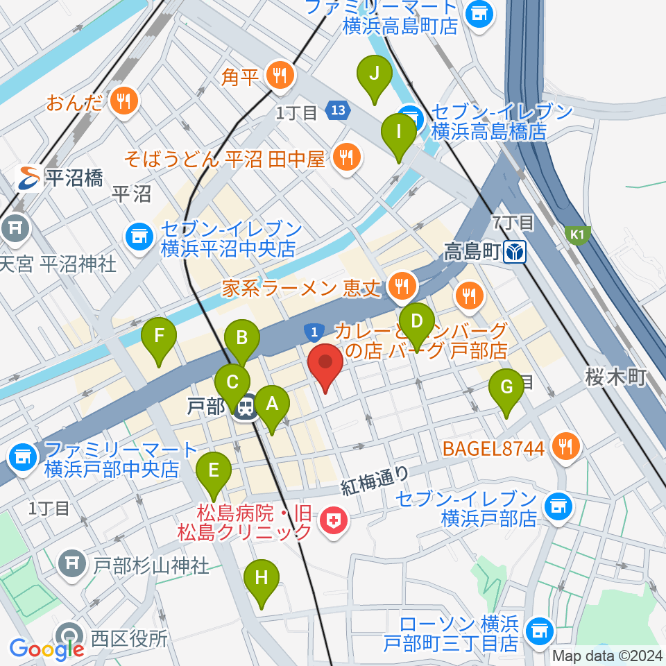 ボンカンスタジオ横浜周辺のカフェ一覧地図