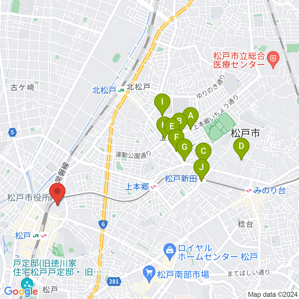 松戸運動公園体育館周辺のカフェ一覧地図