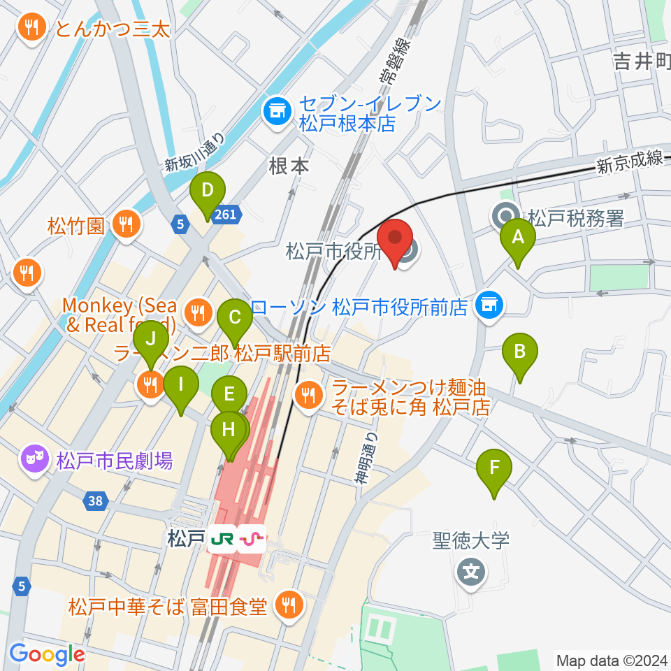 松戸運動公園体育館周辺のカフェ一覧地図