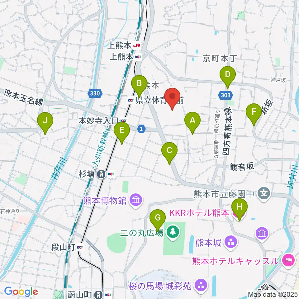 熊本県立総合体育館周辺のカフェ一覧地図
