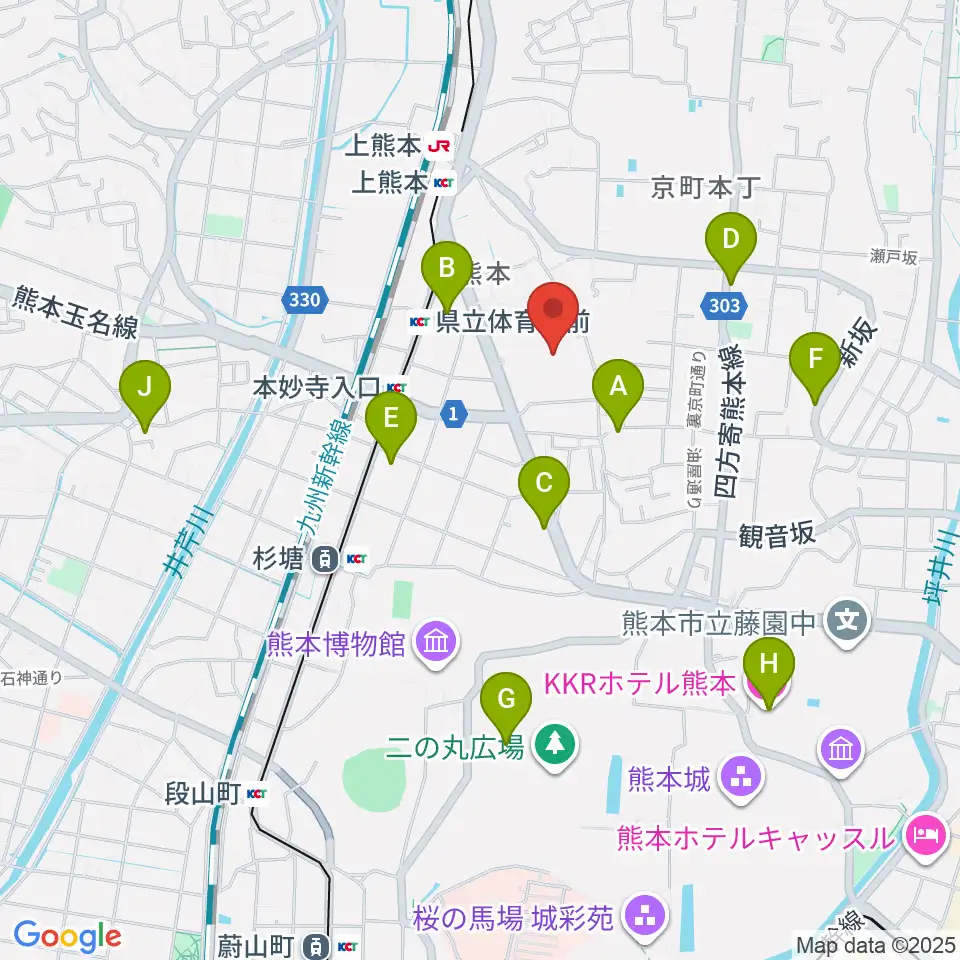 熊本県立総合体育館周辺のカフェ一覧地図