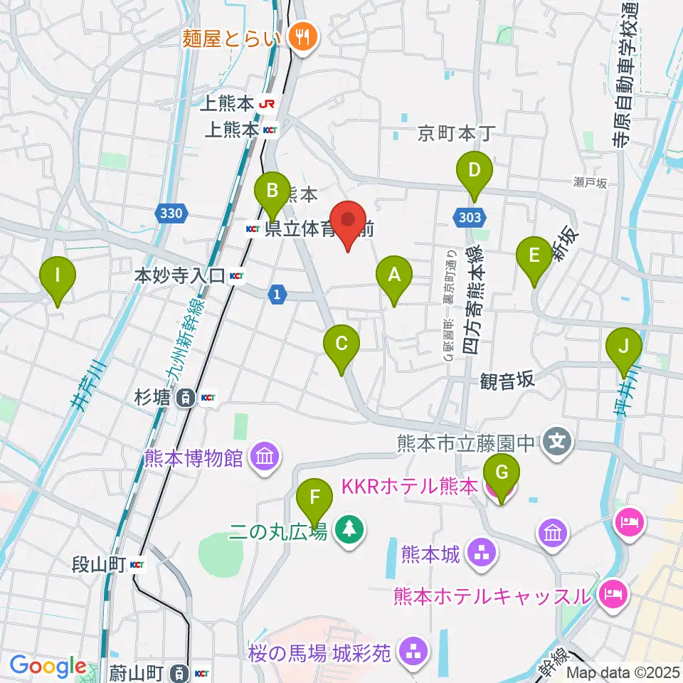 熊本県立総合体育館周辺のカフェ一覧地図