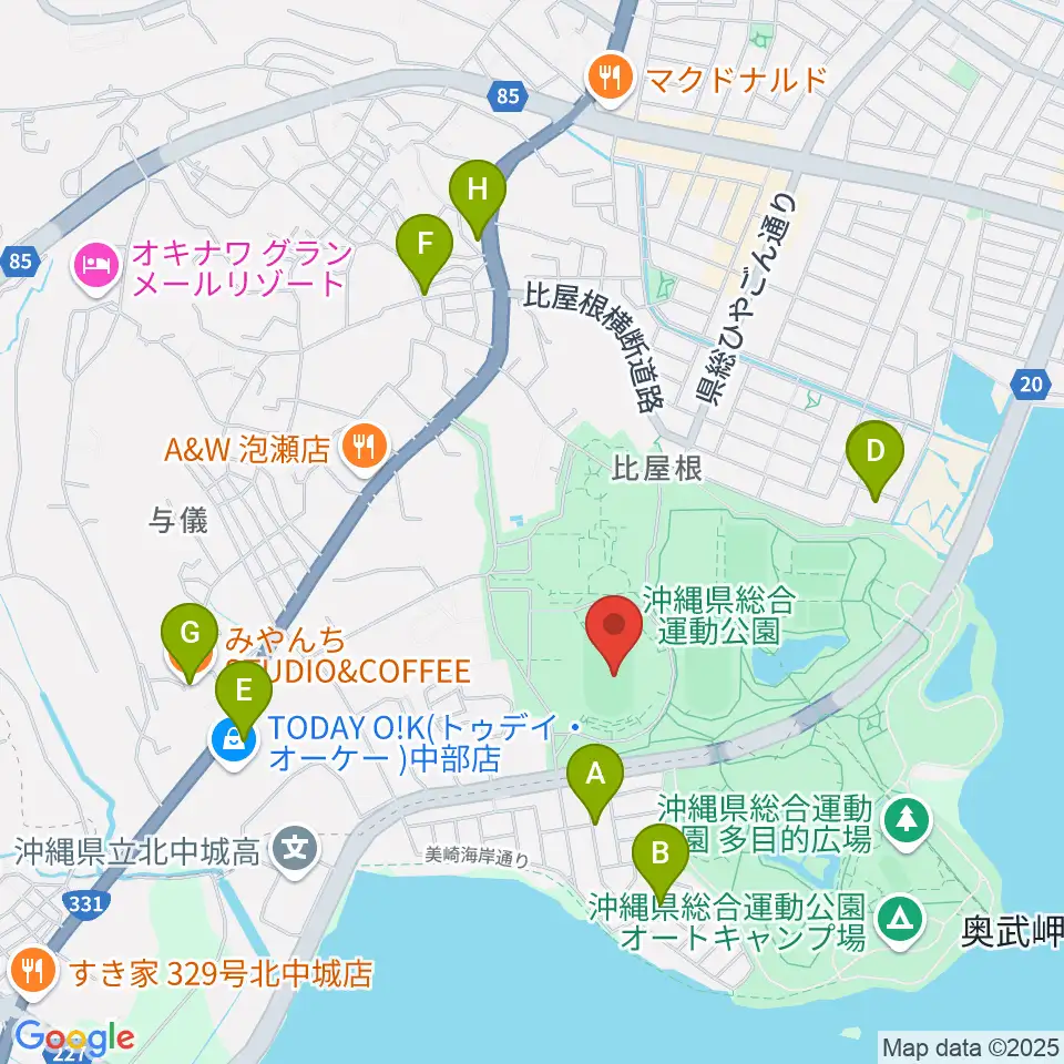 沖縄県総合運動公園陸上競技場周辺のカフェ一覧地図