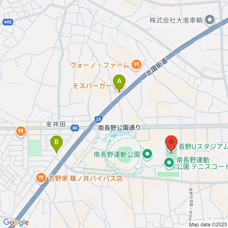 長野Uスタジアム周辺のカフェ一覧地図