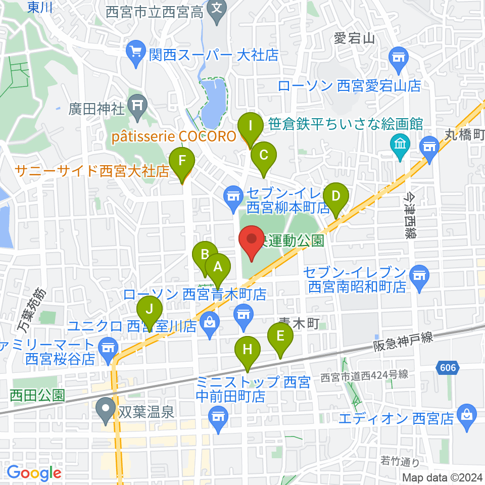 西宮市立中央体育館周辺のカフェ一覧地図